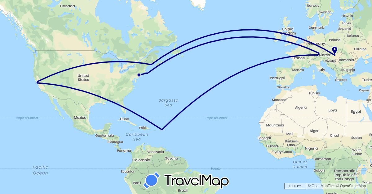 TravelMap itinerary: driving in Anguilla, Germany, Hungary, United States (Europe, North America)