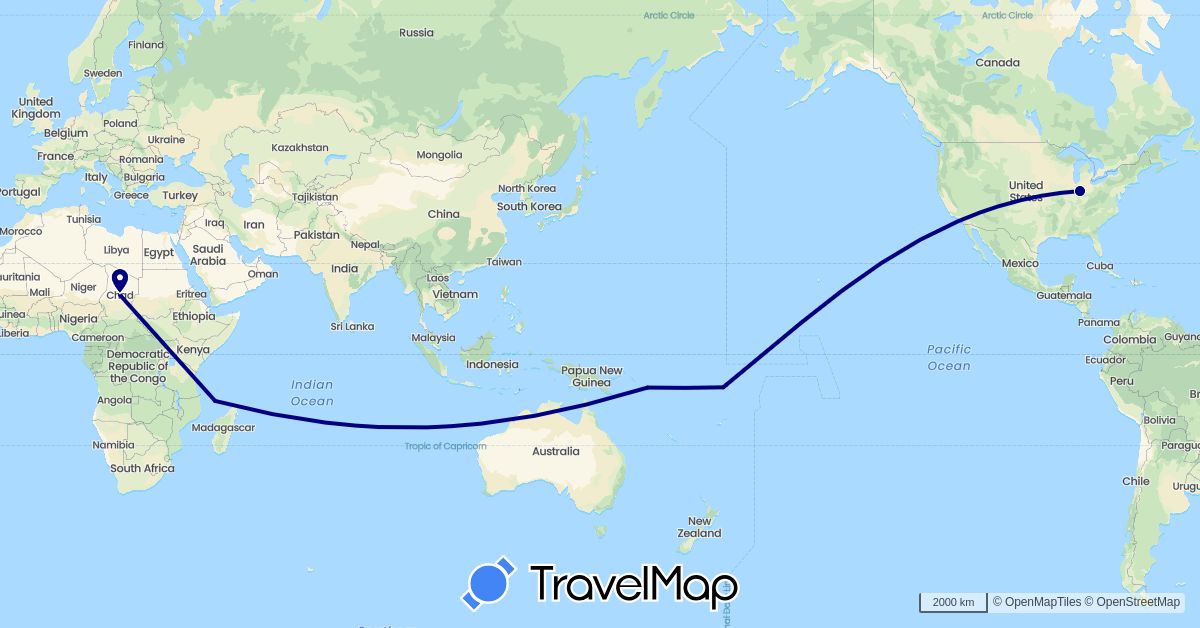 TravelMap itinerary: driving in Comoros, Solomon Islands, Chad, Tuvalu, United States (Africa, North America, Oceania)