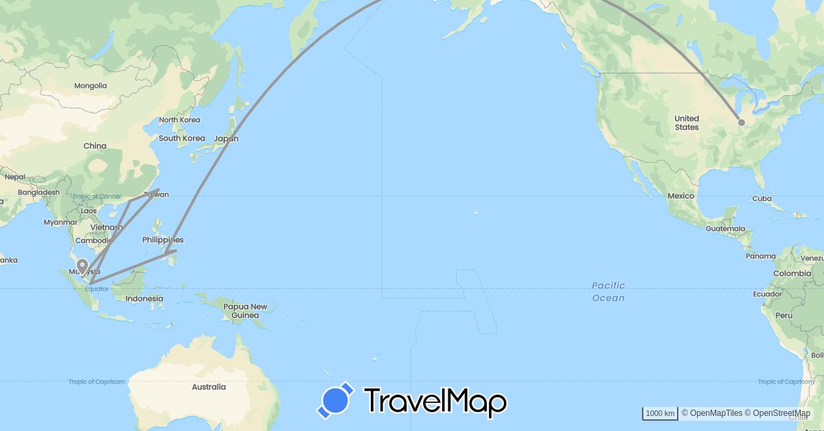 TravelMap itinerary: driving, plane in China, Japan, Malaysia, Philippines, Singapore, Taiwan, United States (Asia, North America)