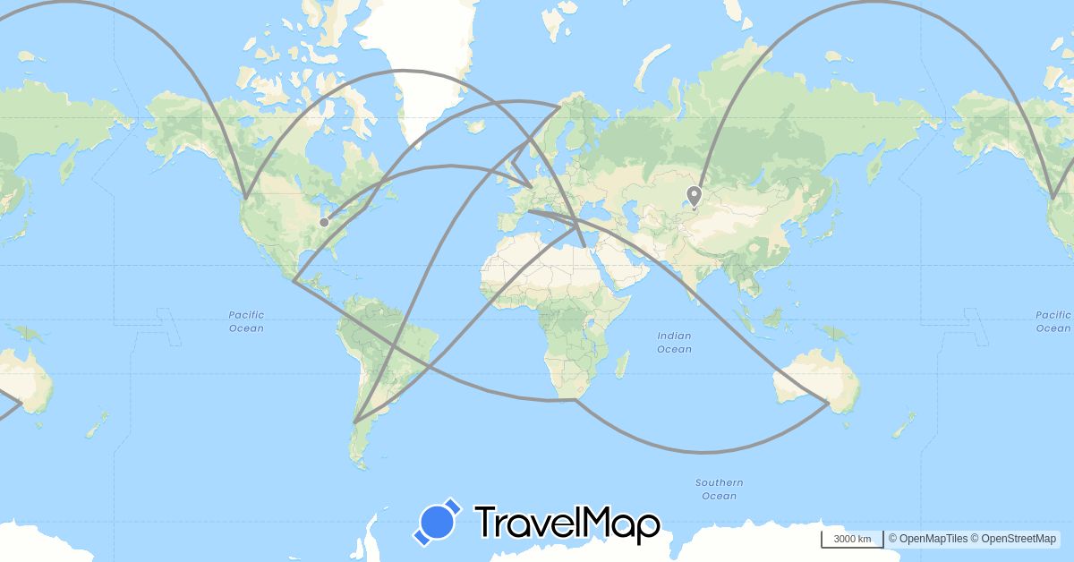 TravelMap itinerary: driving, plane in Australia, Chile, Germany, Egypt, France, United Kingdom, Kazakhstan, Mexico, Norway, Sweden, Turkey, United States, South Africa (Africa, Asia, Europe, North America, Oceania, South America)