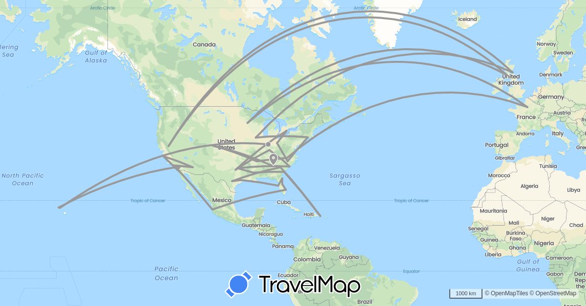 TravelMap itinerary: plane in Canada, Dominican Republic, France, United Kingdom, Mexico, United States (Europe, North America)